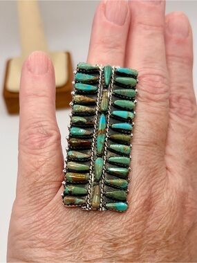 Leander Nez Signed Sterling Silver #8 Turquoise Stone Cluster Statement Ring